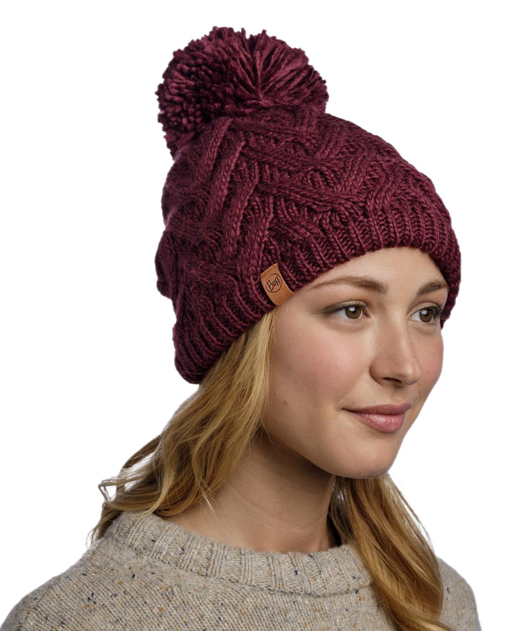 Dahlia Coloured Buff Caryn Knitted Fleece Beanie on white background #colour_dahlia
