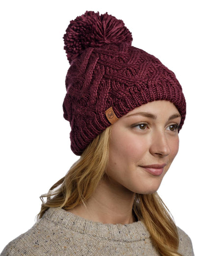 Dahlia Coloured Buff Caryn Knitted Fleece Beanie on white background #colour_dahlia