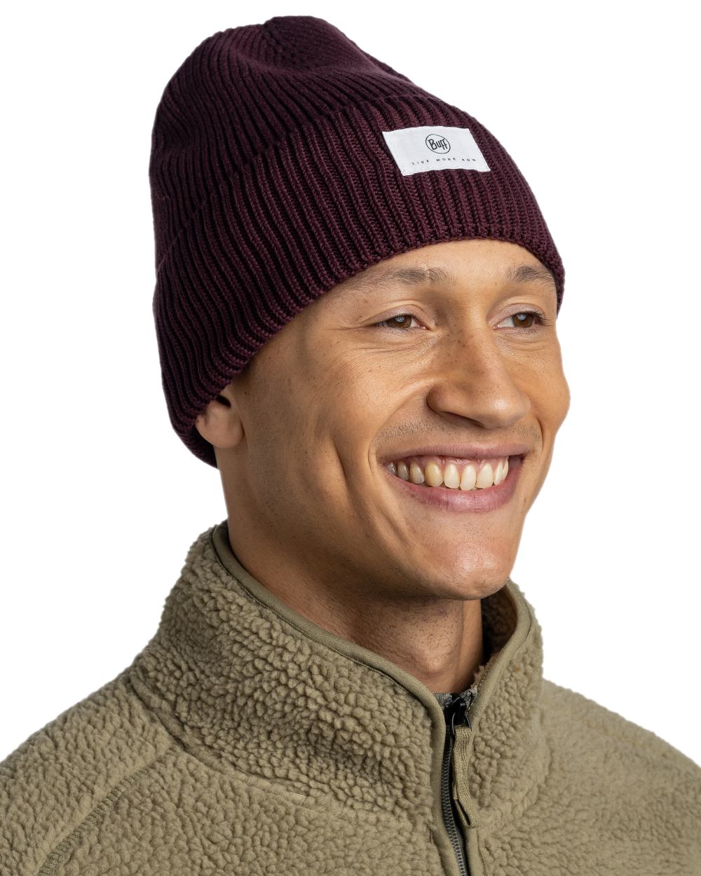 Burgundy Coloured Buff Drisk Knitted Beanie on white background #colour_burgundy