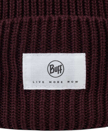 Burgundy Coloured Buff Drisk Knitted Beanie on white background #colour_burgundy