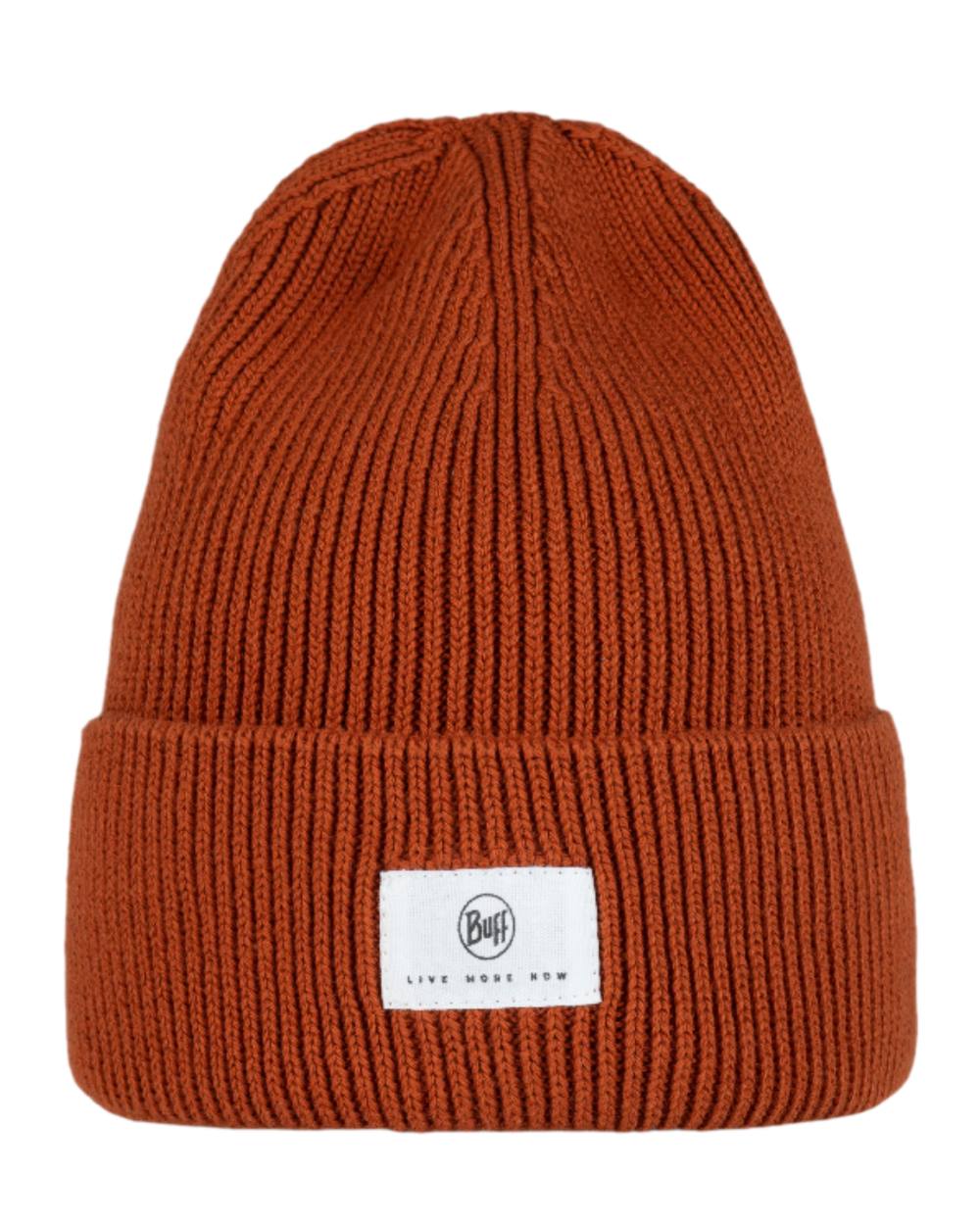 Cinnamon Coloured Buff Drisk Knitted Beanie on white background #colour_cinnamon