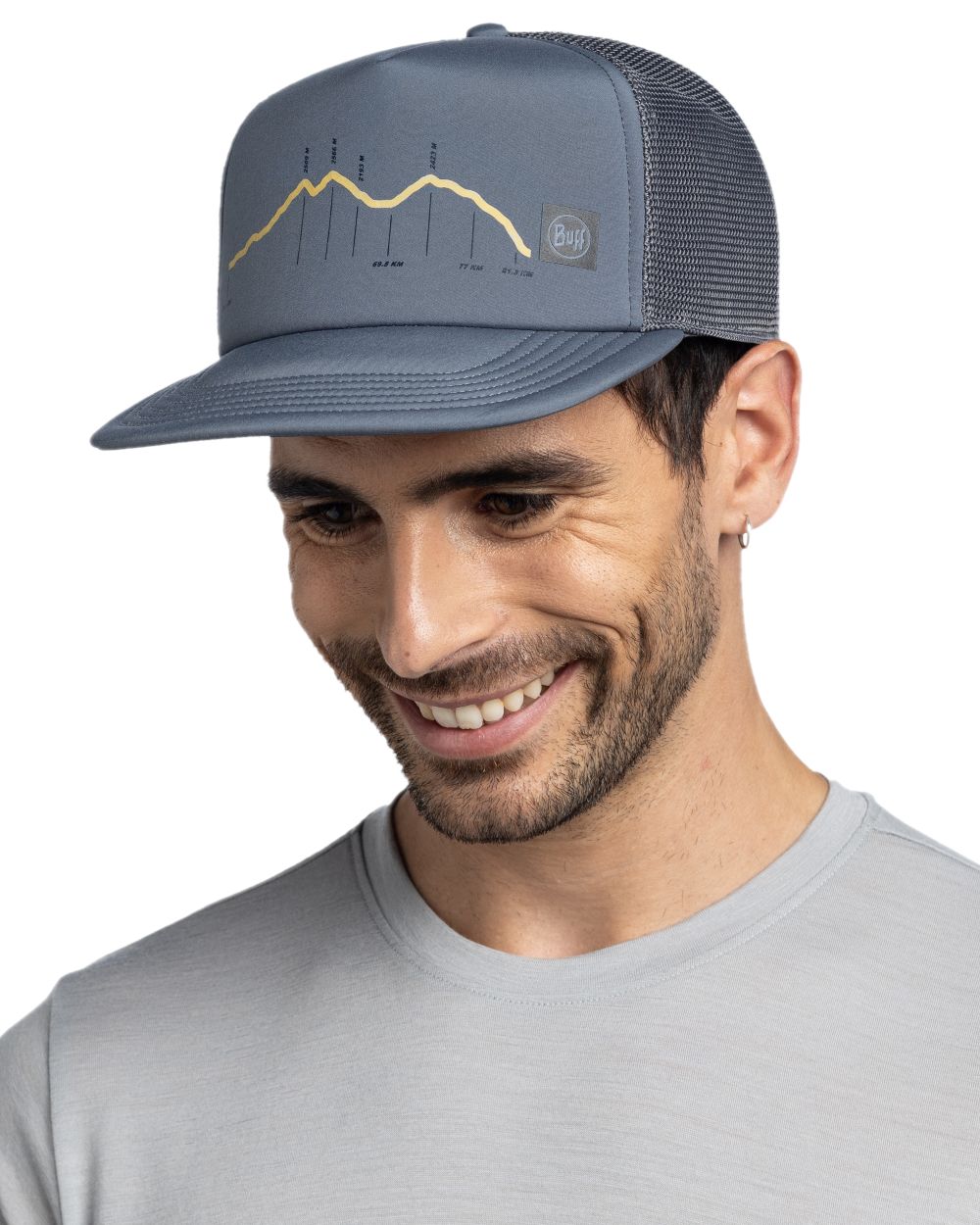 Ash Coloured Buff Explore Trucker Cap on white background #colour_ash