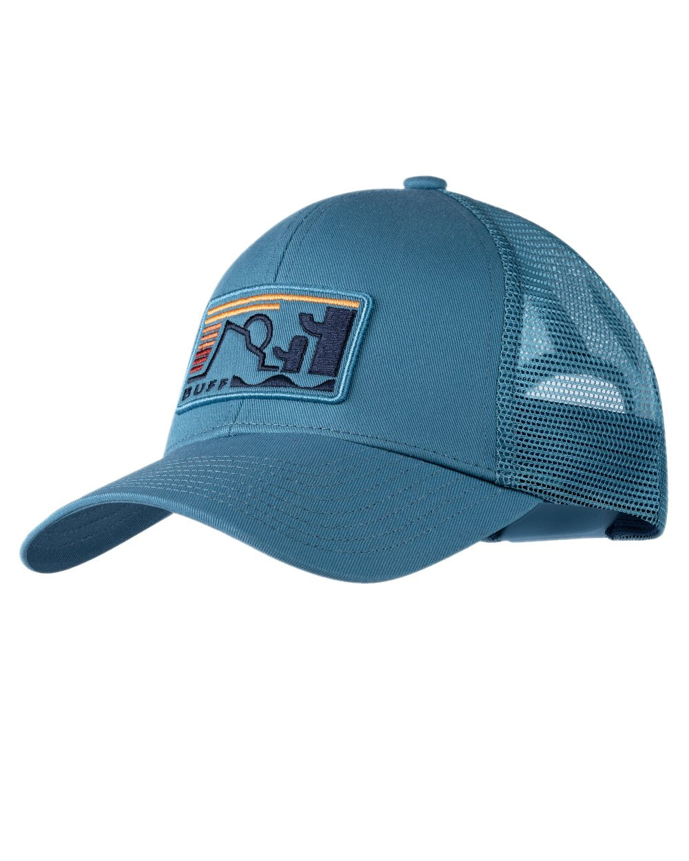 Blue Coloured Buff Explore Trucker Cap on white background #colour_blue