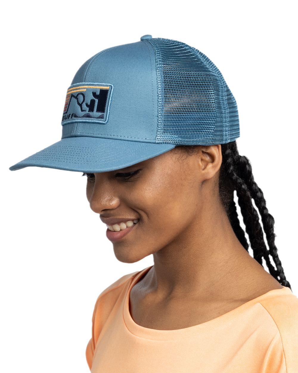 Blue Coloured Buff Explore Trucker Cap on white background #colour_blue