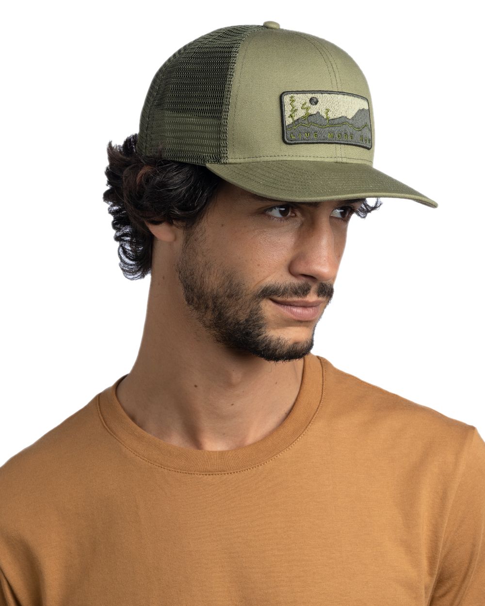 Forest Coloured Buff Explore Trucker Cap on white background #colour_forest