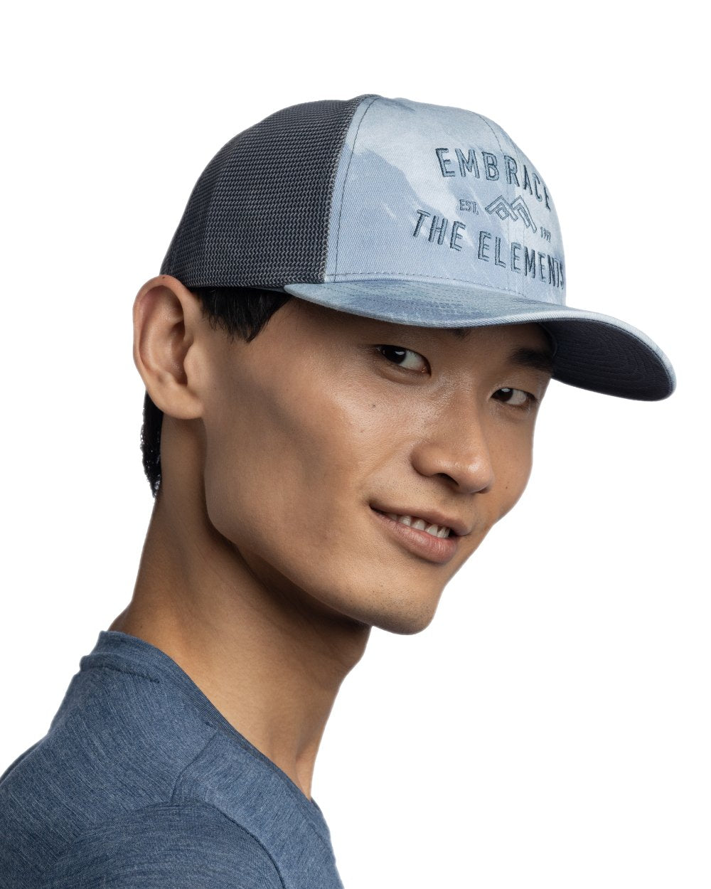 Mist Coloured Buff Explore Trucker Cap on white background #colour_mist