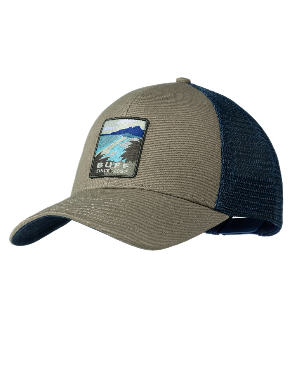 Tundra Khaki Coloured Buff Explore Trucker Cap on white background #colour_tundra-khaki