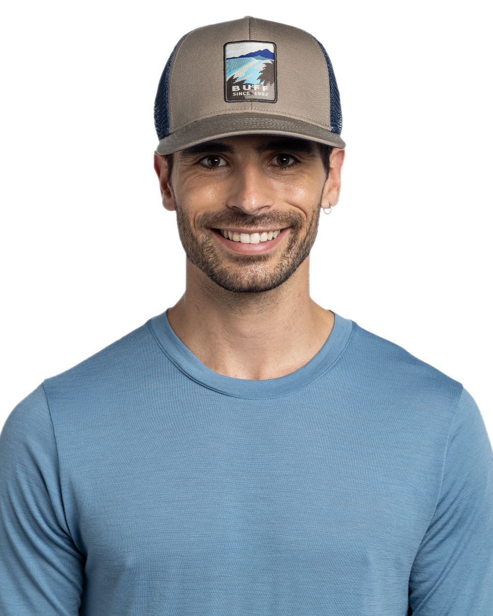 Tundra Khaki Coloured Buff Explore Trucker Cap on white background #colour_tundra-khaki