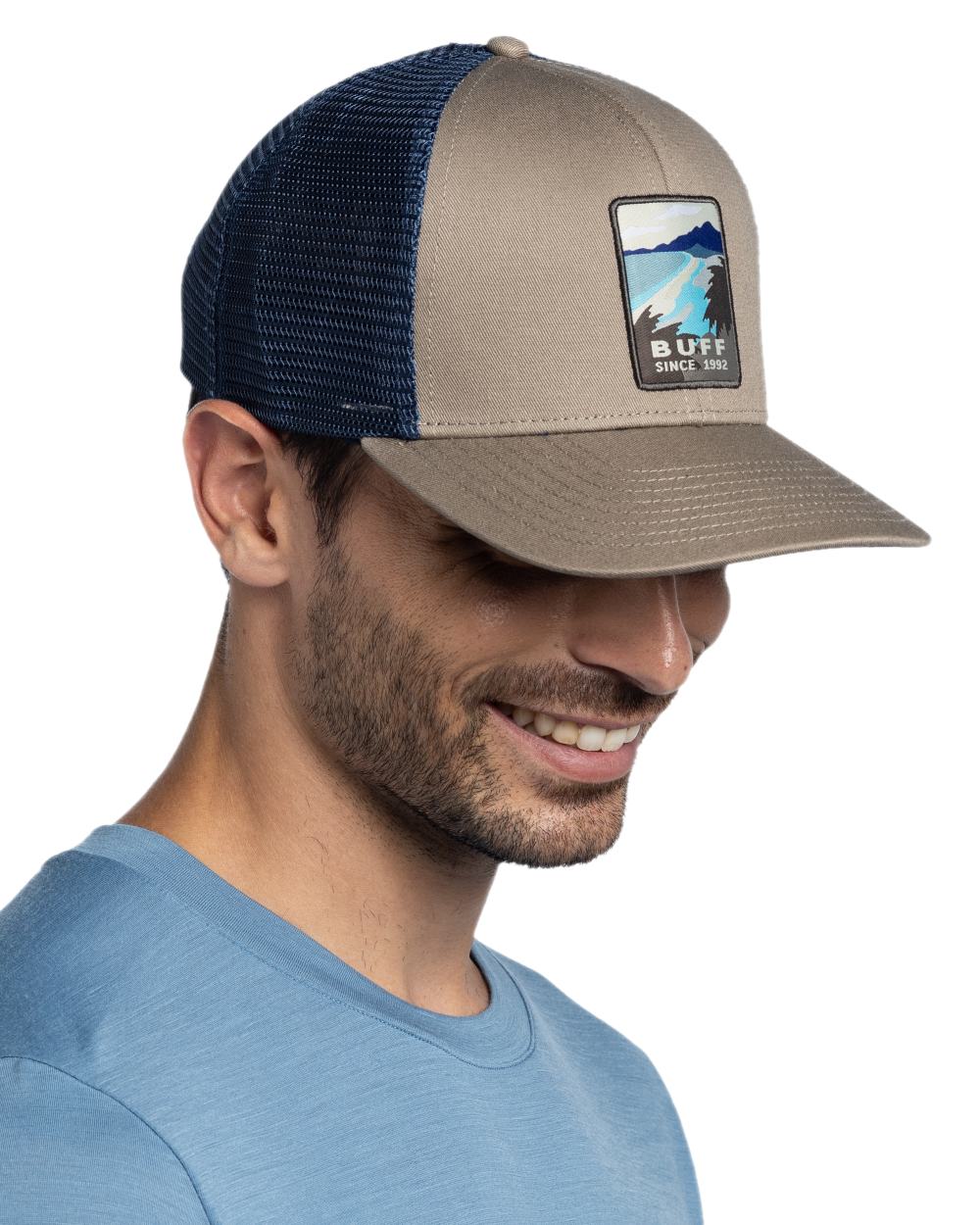 Tundra Khaki Coloured Buff Explore Trucker Cap on white background #colour_tundra-khaki