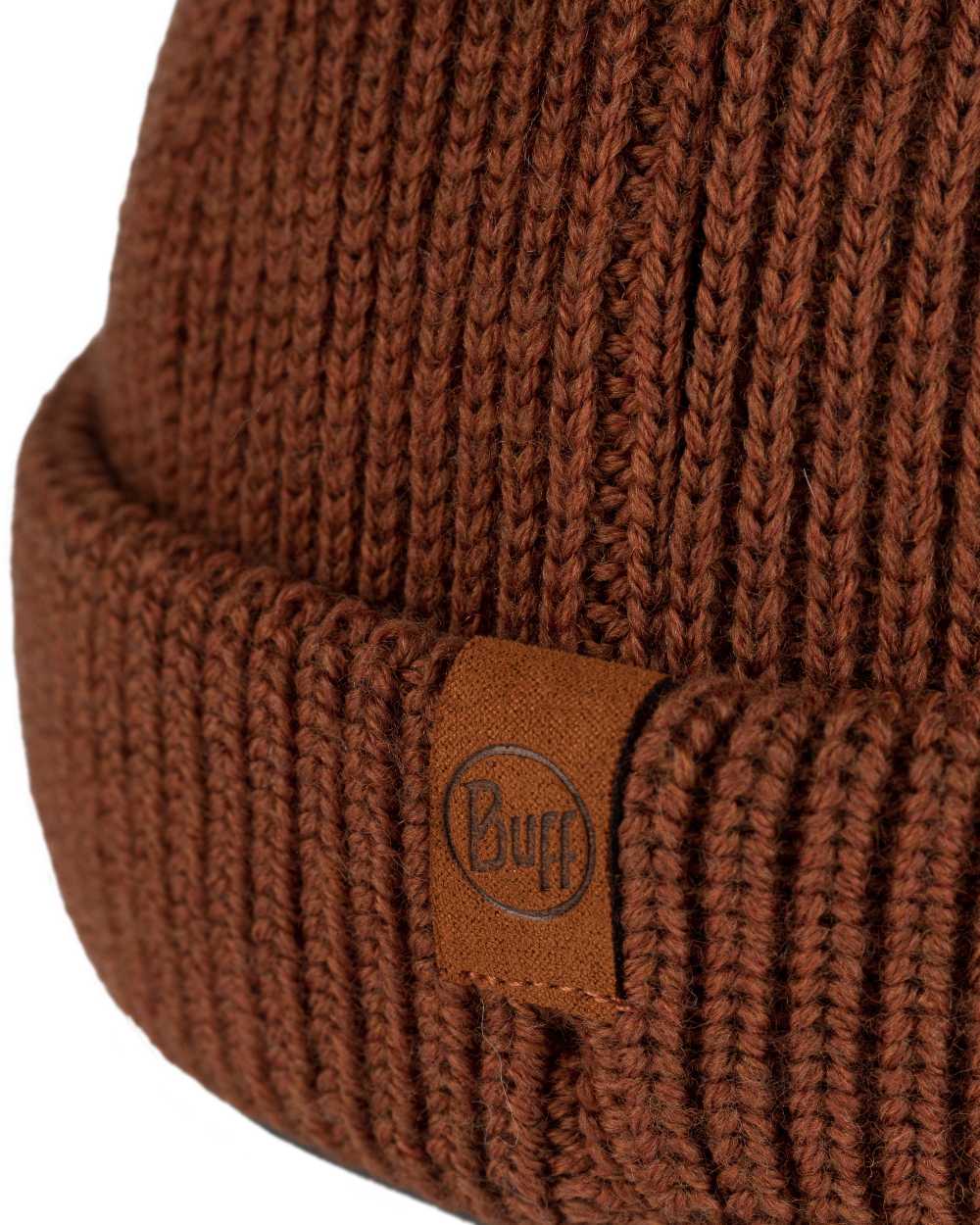 Cinnamon Coloured Buff Knitted Ervin Beanie on white background #colour_cinnamon
