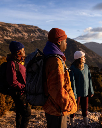 Cinnamon Coloured Buff Knitted Ervin Beanie on mountain background #colour_cinnamon