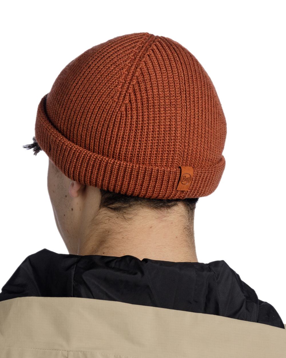 Cinnamon Coloured Buff Knitted Ervin Beanie on white background #colour_cinnamon