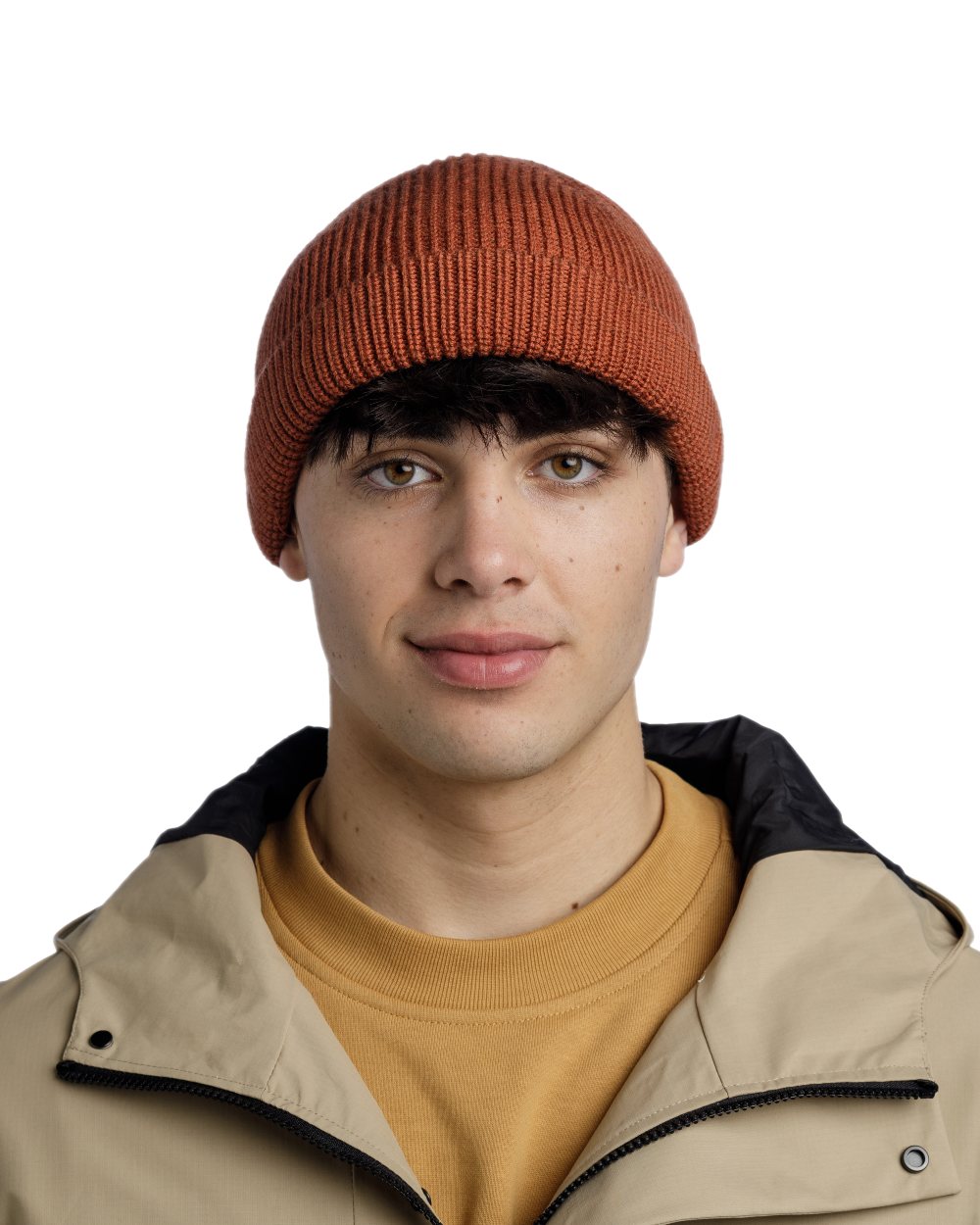 Cinnamon Coloured Buff Knitted Ervin Beanie on white background #colour_cinnamon