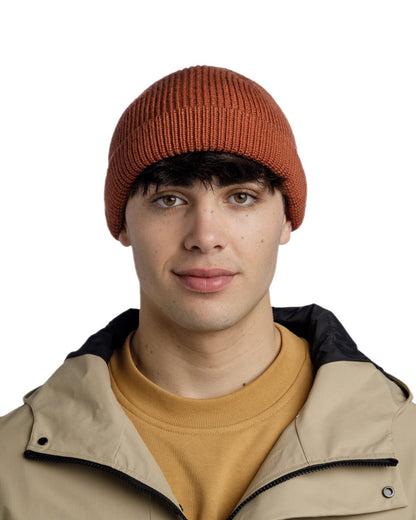Cinnamon Coloured Buff Knitted Ervin Beanie on white background #colour_cinnamon