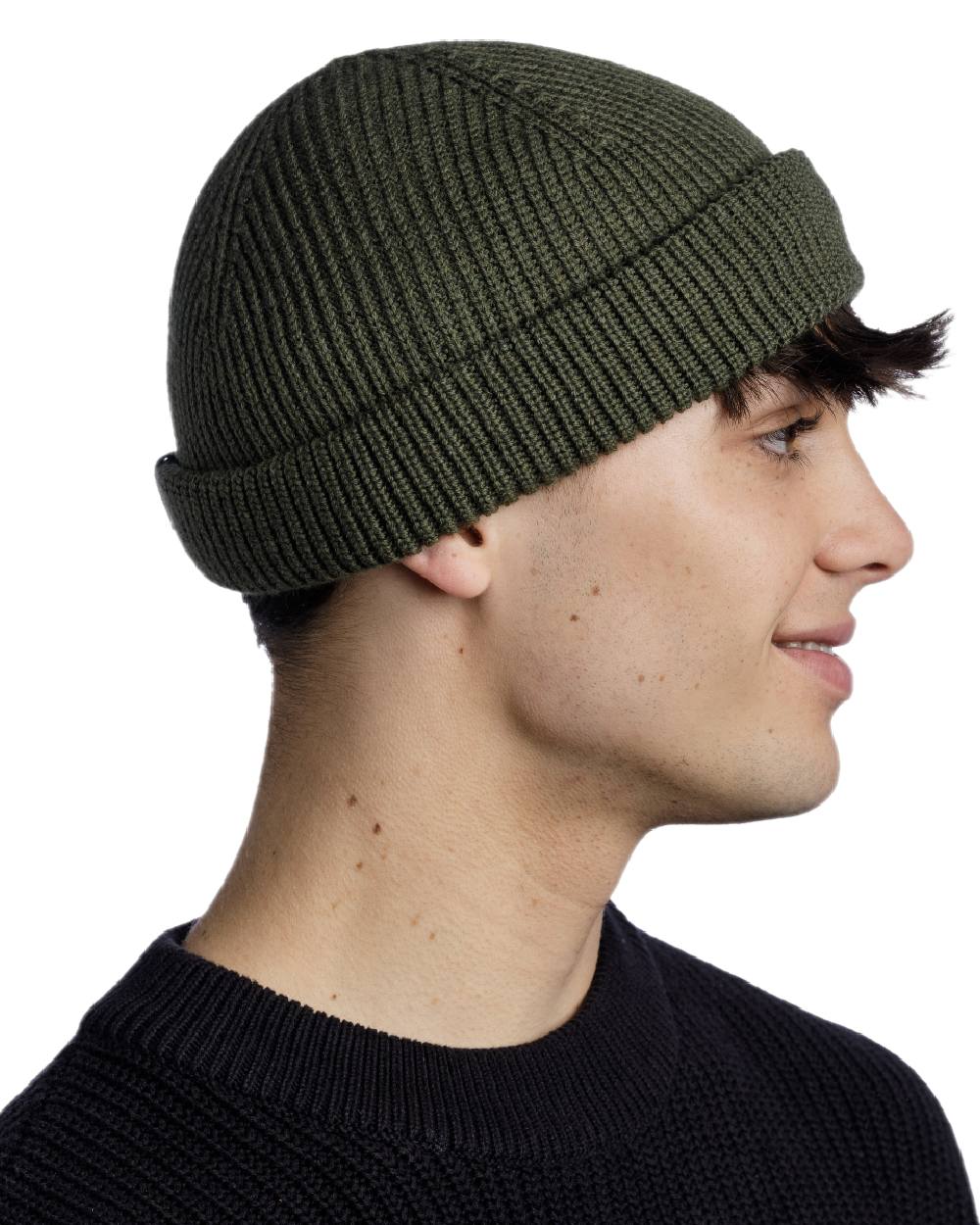 Forest Coloured Buff Knitted Ervin Beanie on white background #colour_forest