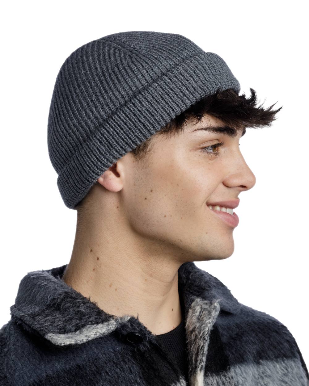 Grey Coloured Buff Knitted Ervin Beanie on white background #colour_grey