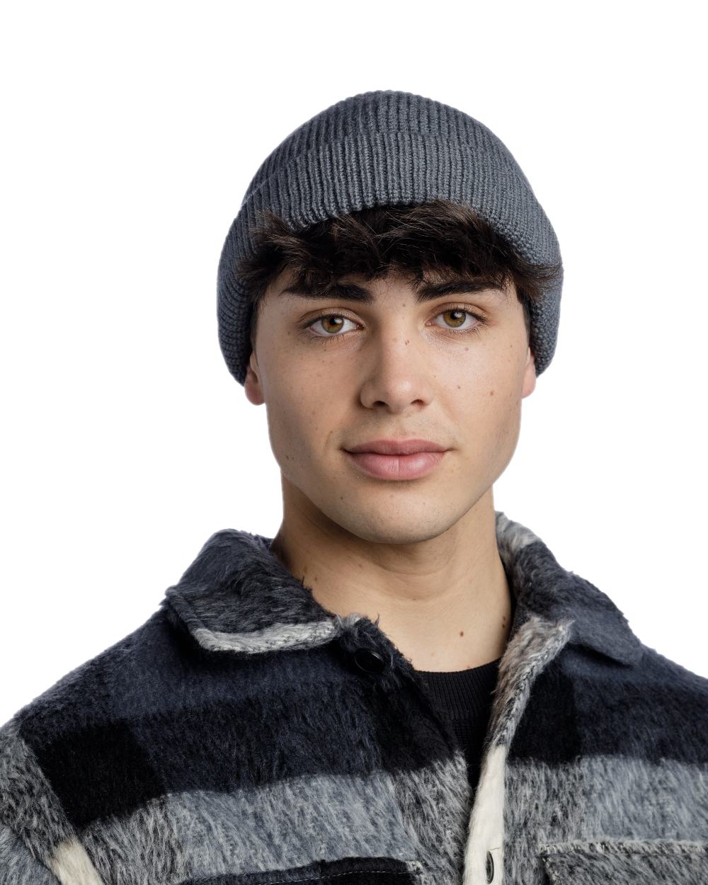 Grey Coloured Buff Knitted Ervin Beanie on white background #colour_grey