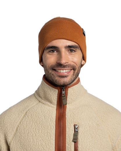 Copper Coloured Buff Linon Knitted Beanie on white background #colour_copper
