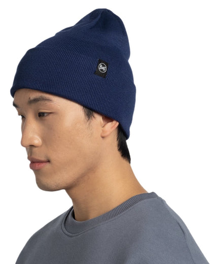 Midnight Coloured Buff Linon Knitted Beanie on white background #colour_midnight