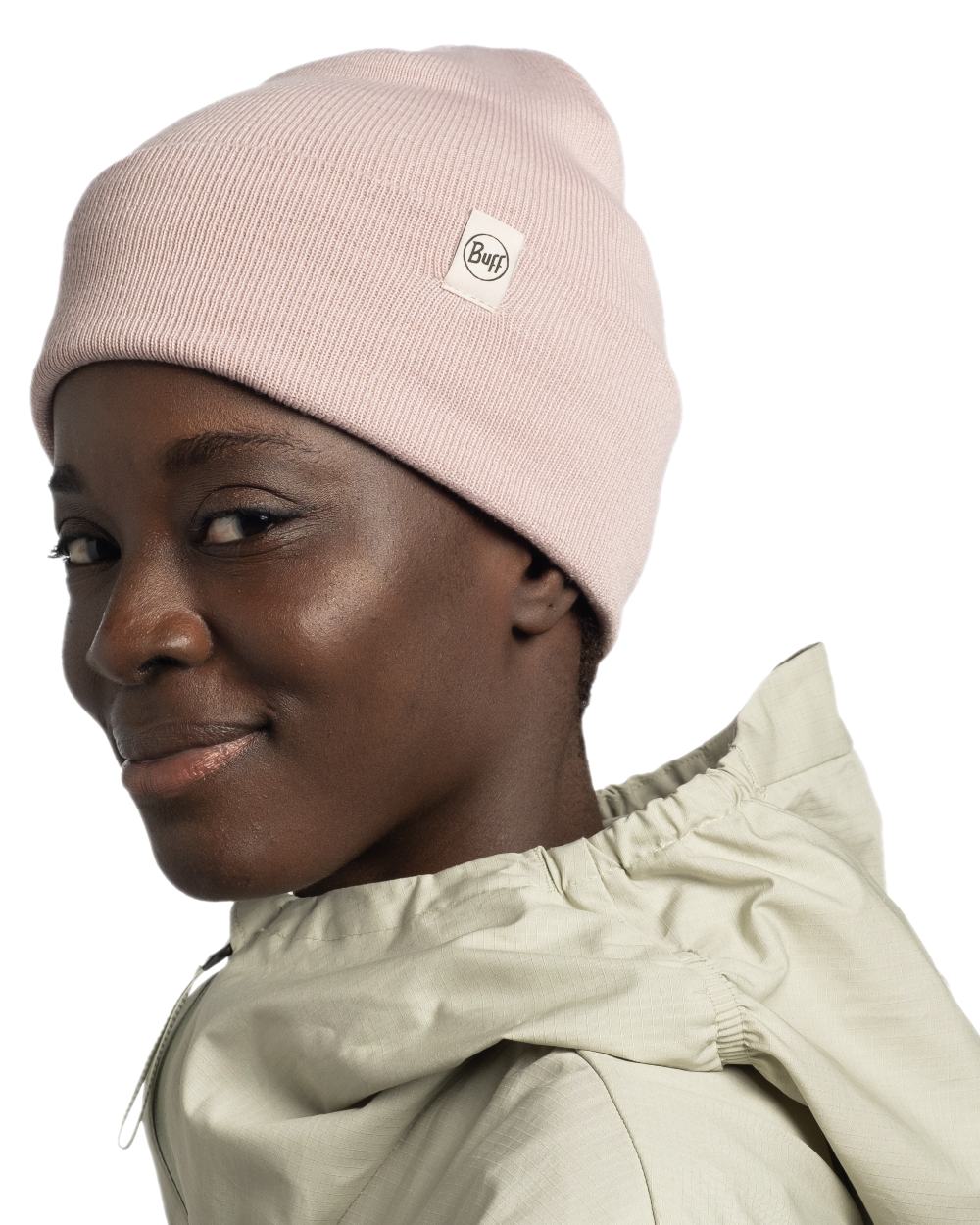 Rosewood Coloured Buff Linon Knitted Beanie on white background #colour_rosewood
