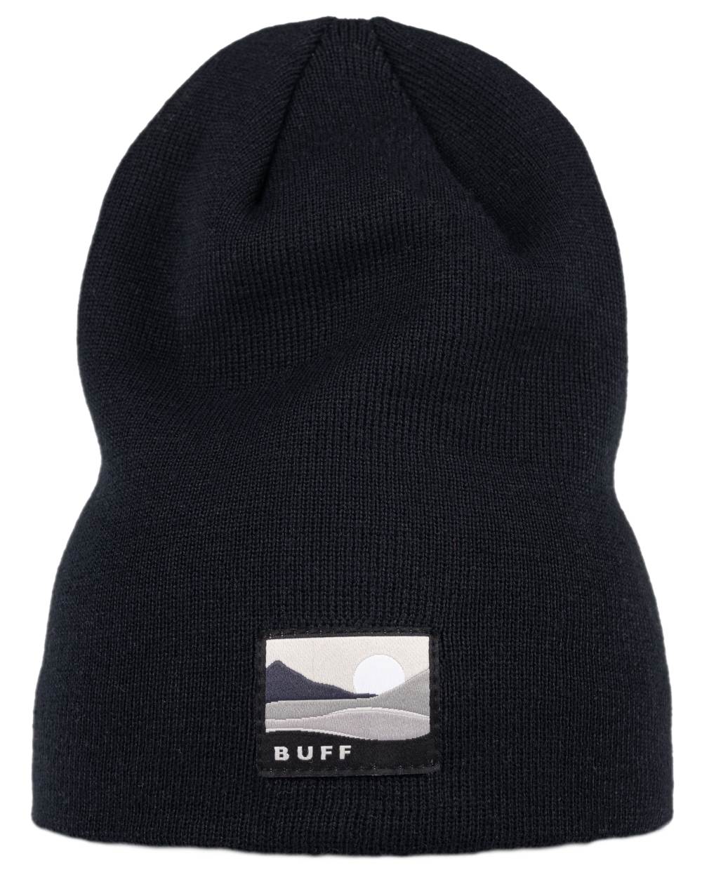 Black Coloured Buff Lilon Knitted Long Beanie on white background #colour_black