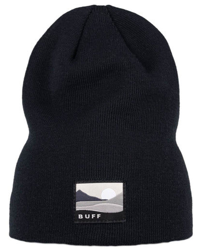 Black Coloured Buff Lilon Knitted Long Beanie on white background #colour_black