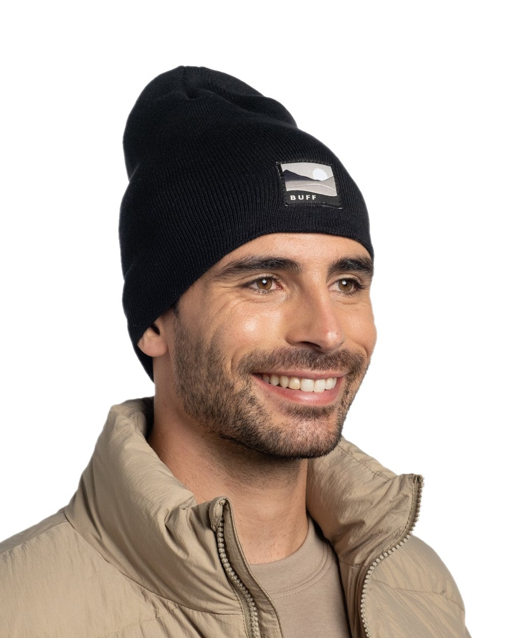 Black Coloured Buff Lilon Knitted Long Beanie on white background #colour_black