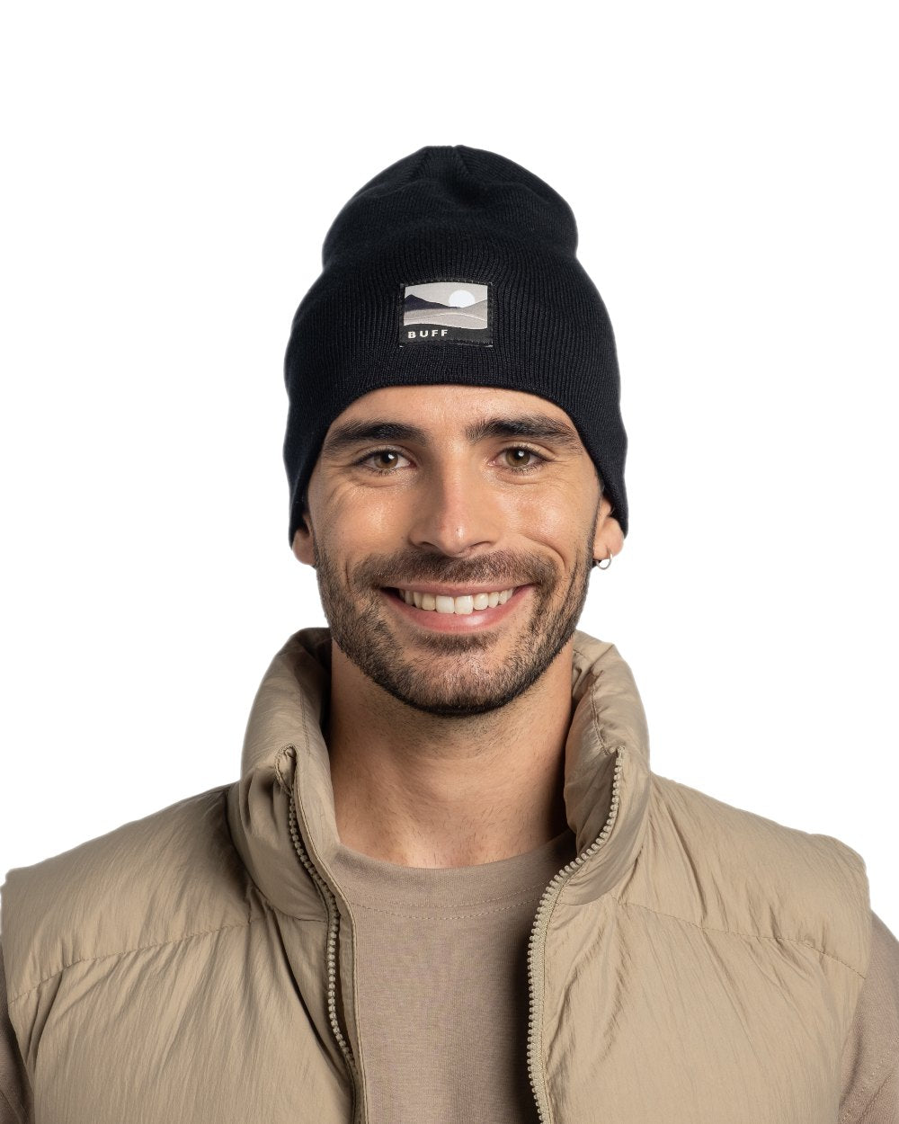 Black Coloured Buff Lilon Knitted Long Beanie on white background #colour_black