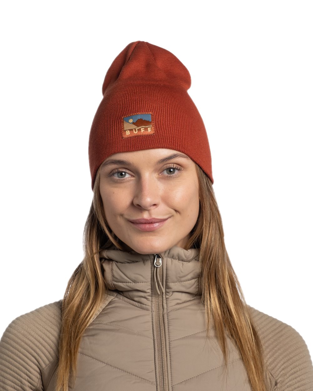 Cinnamon Coloured Buff Lilon Knitted Long Beanie on white background #colour_cinnamon
