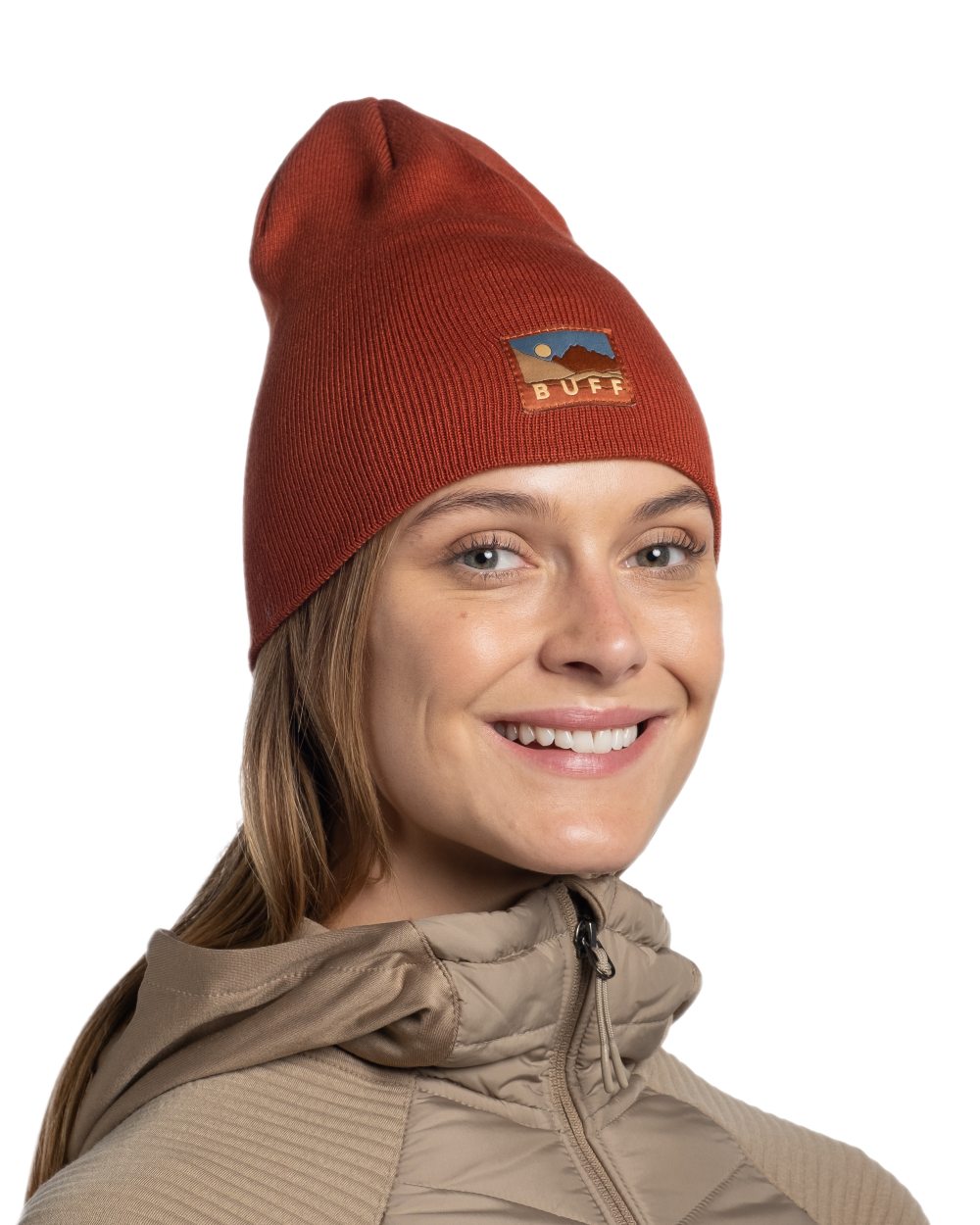 Cinnamon Coloured Buff Lilon Knitted Long Beanie on white background #colour_cinnamon