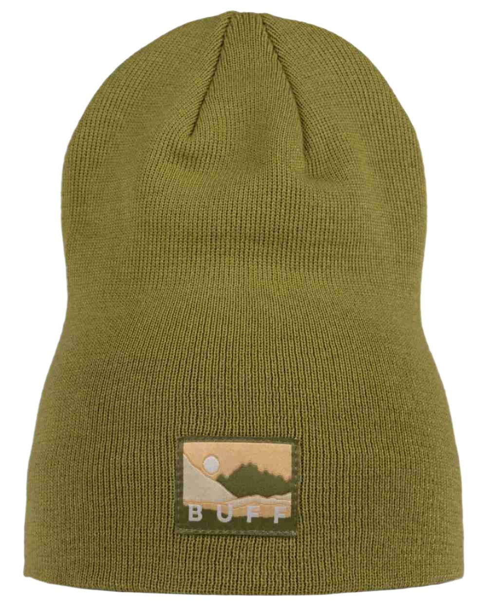 Moss Coloured Buff Lilon Knitted Long Beanie on white background #colour_moss