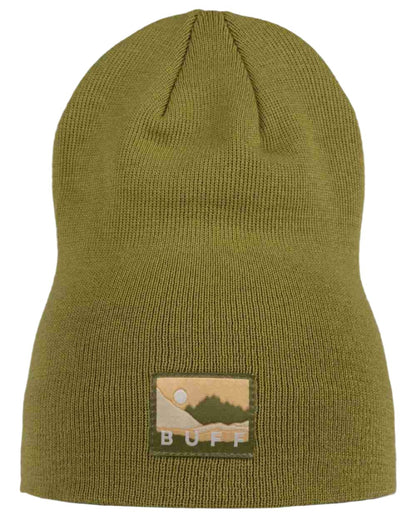 Moss Coloured Buff Lilon Knitted Long Beanie on white background #colour_moss