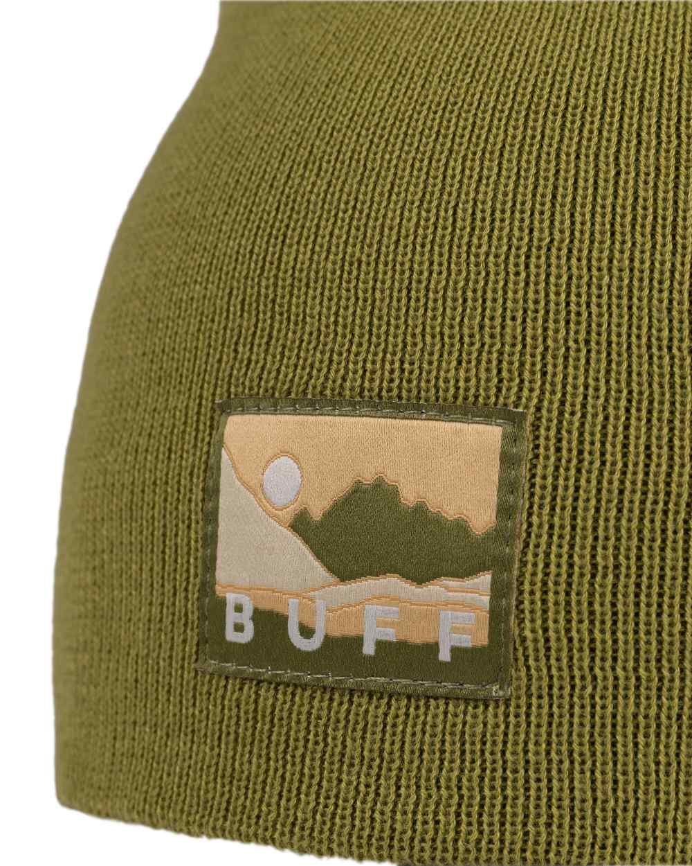 Moss Coloured Buff Lilon Knitted Long Beanie on white background #colour_moss