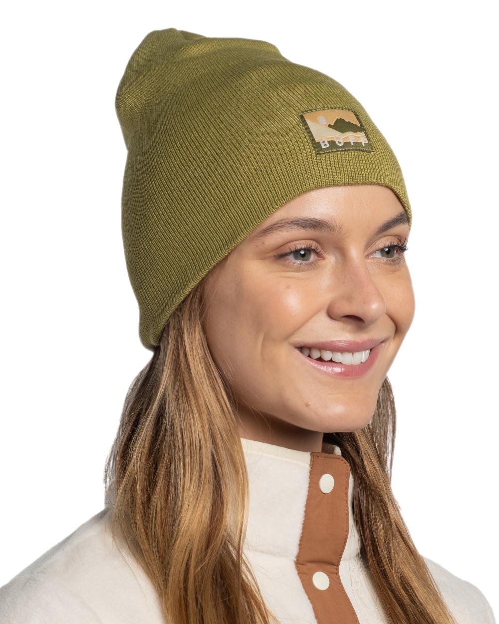 Moss Coloured Buff Lilon Knitted Long Beanie on white background #colour_moss