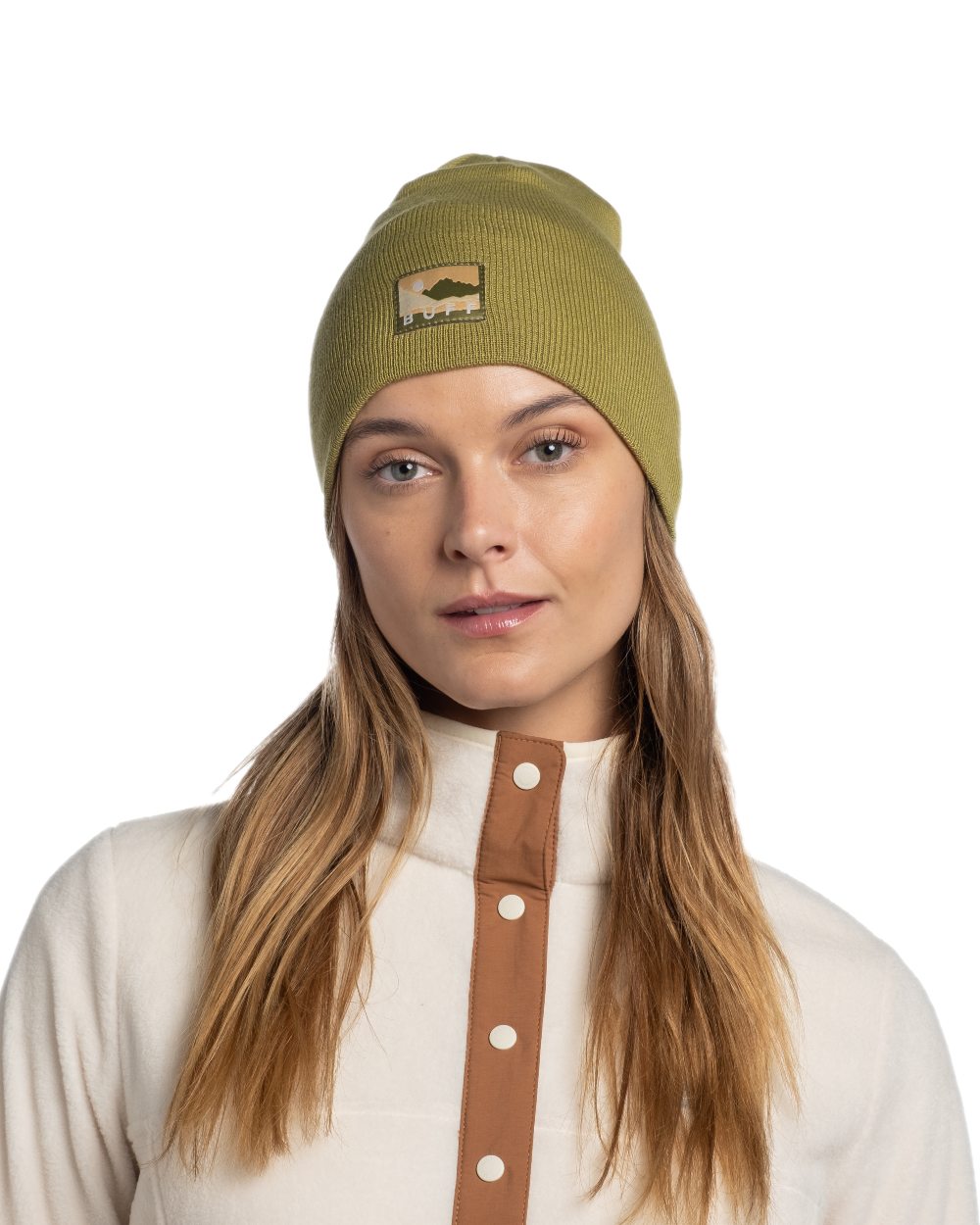 Moss Coloured Buff Lilon Knitted Long Beanie on white background #colour_moss