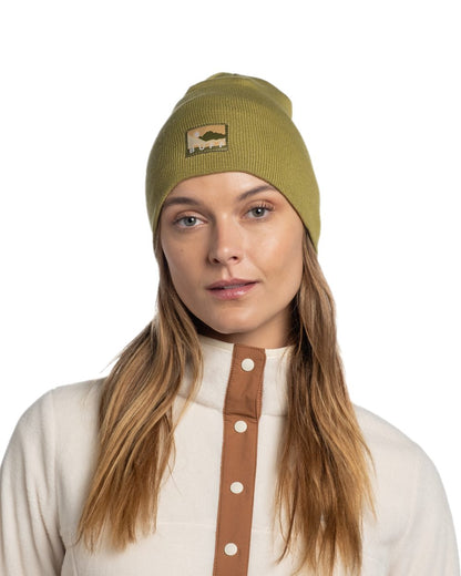 Moss Coloured Buff Lilon Knitted Long Beanie on white background #colour_moss