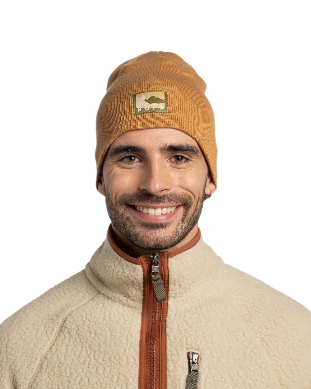 Peanut Coloured Buff Lilon Knitted Long Beanie on white background #colour_peanut