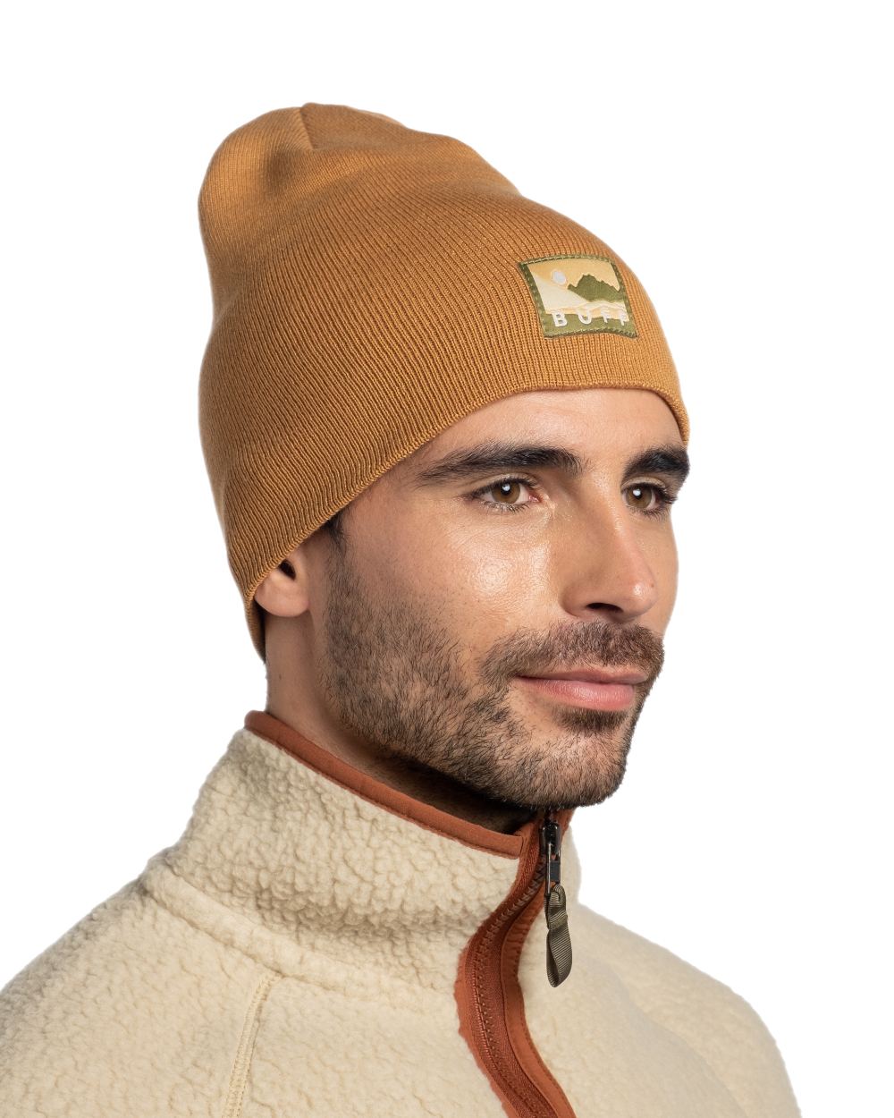 Peanut Coloured Buff Lilon Knitted Long Beanie on white background #colour_peanut