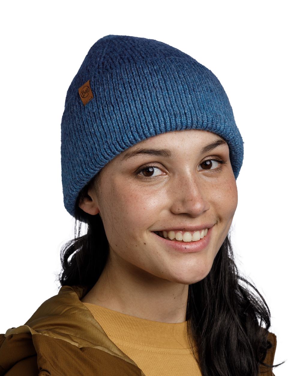 Denim Coloured Buff Knitted Marin Beanie on white background #colour_denim