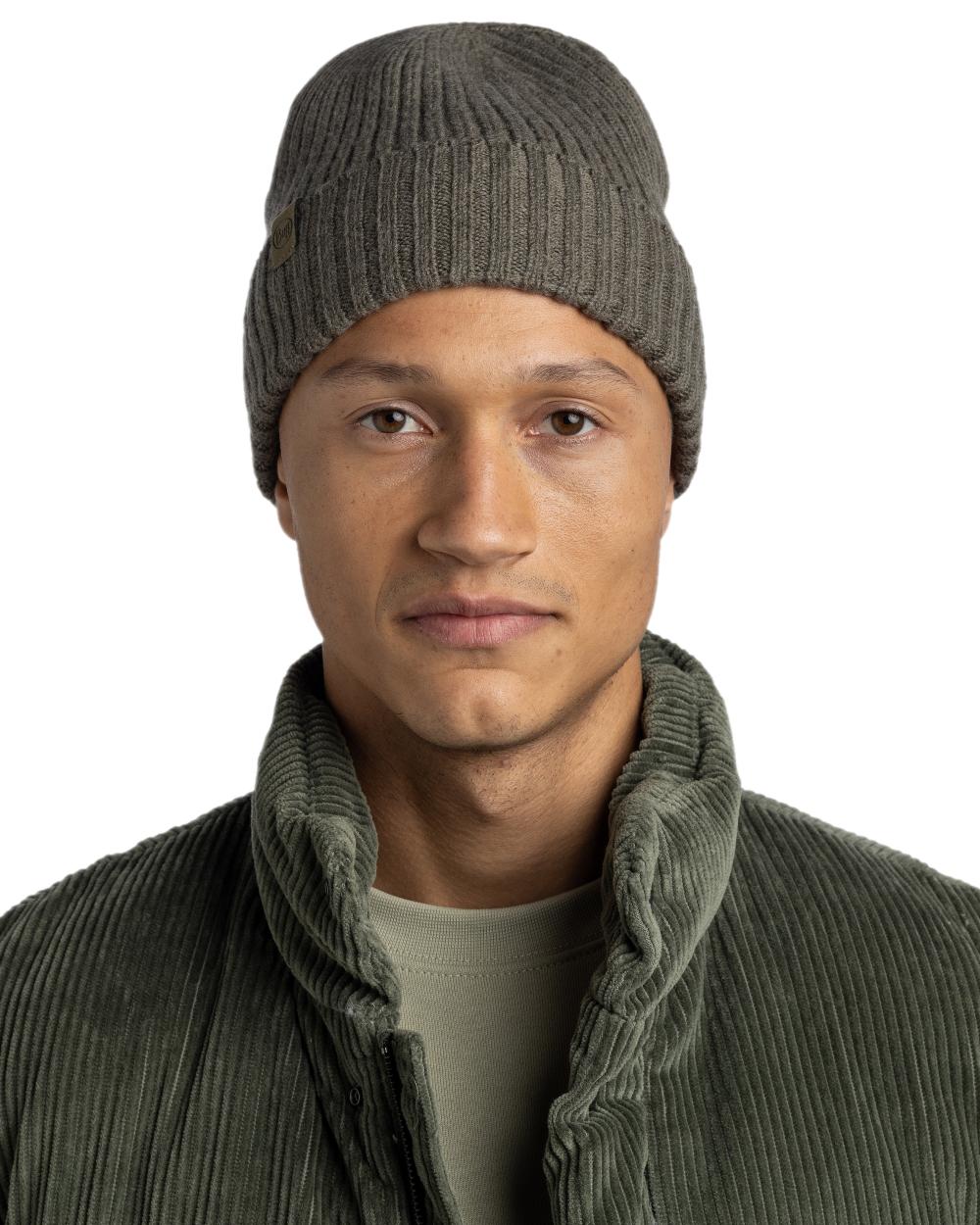 Bark Coloured Buff Knitted Norval Beanie on white background #colour_bark