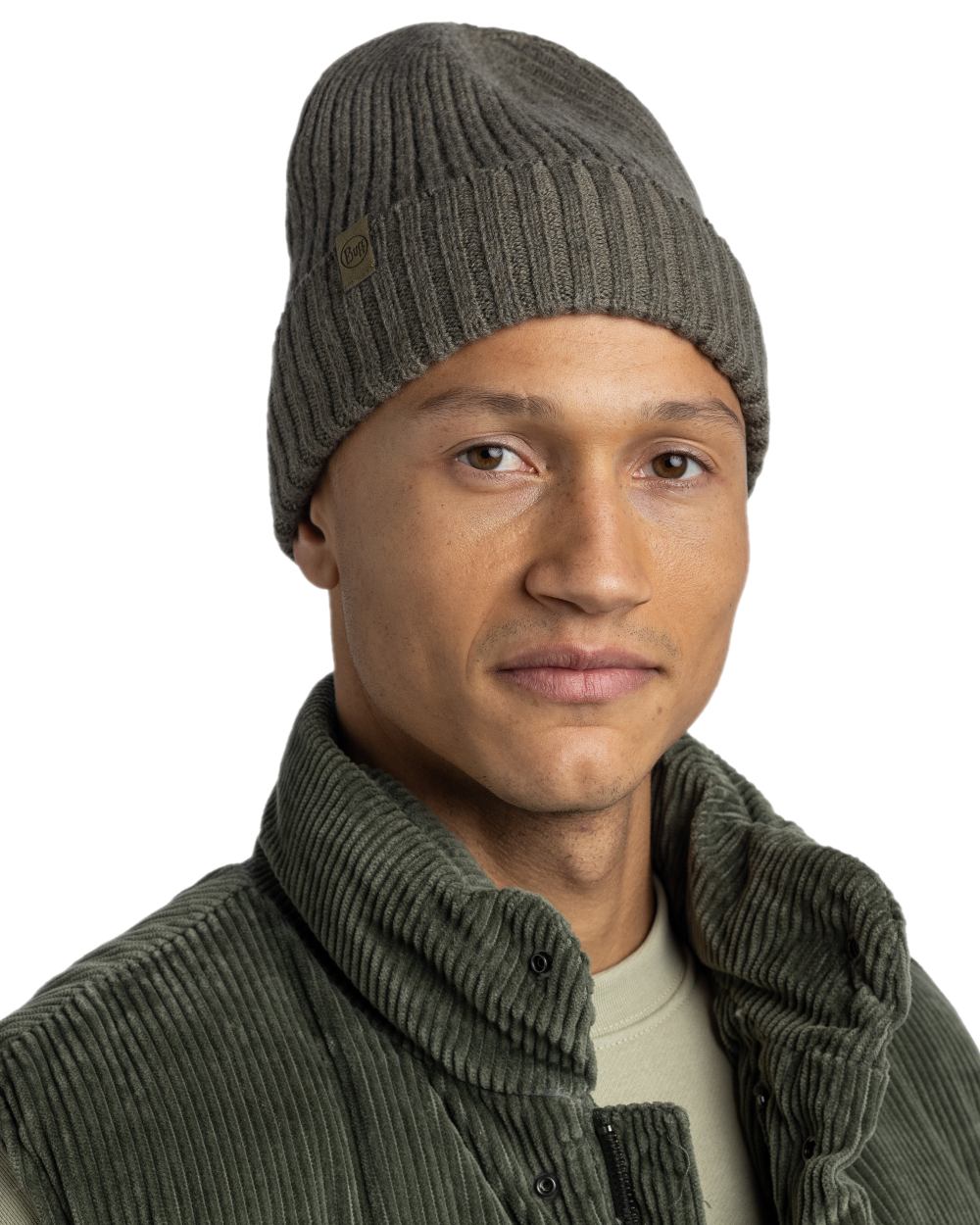 Bark Coloured Buff Knitted Norval Beanie on white background #colour_bark