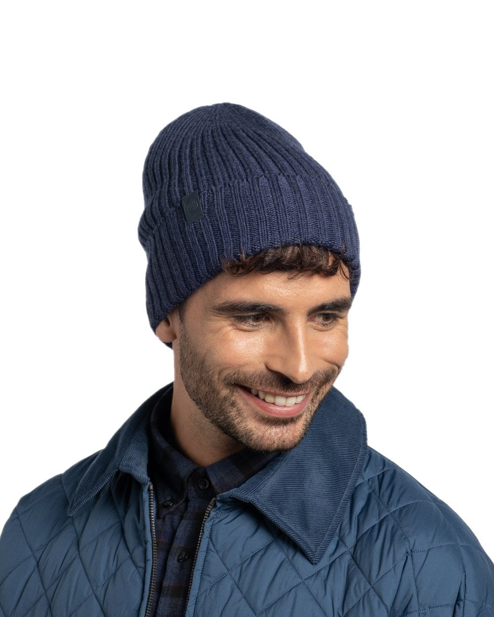 Midnight Coloured Buff Knitted Norval Beanie on white background #colour_midnight