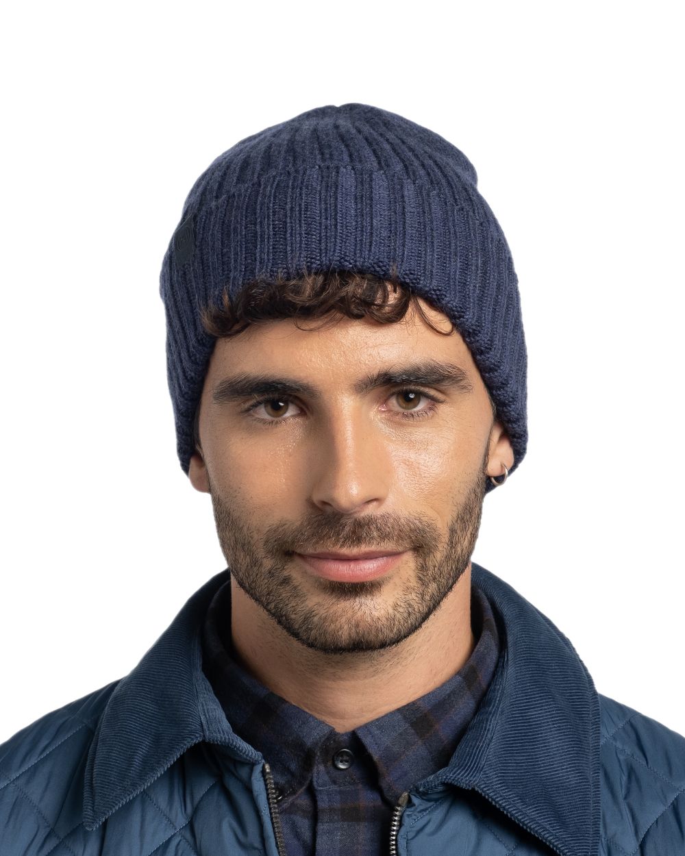 Midnight Coloured Buff Knitted Norval Beanie on white background #colour_midnight