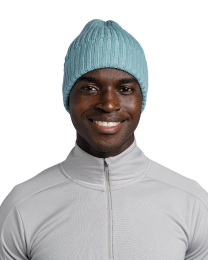 Pool Coloured Buff Knitted Norval Beanie on white background #colour_pool