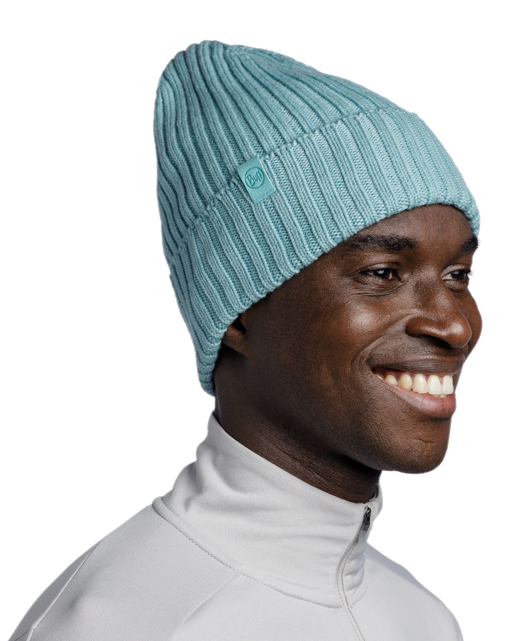 Pool Coloured Buff Knitted Norval Beanie on white background #colour_pool