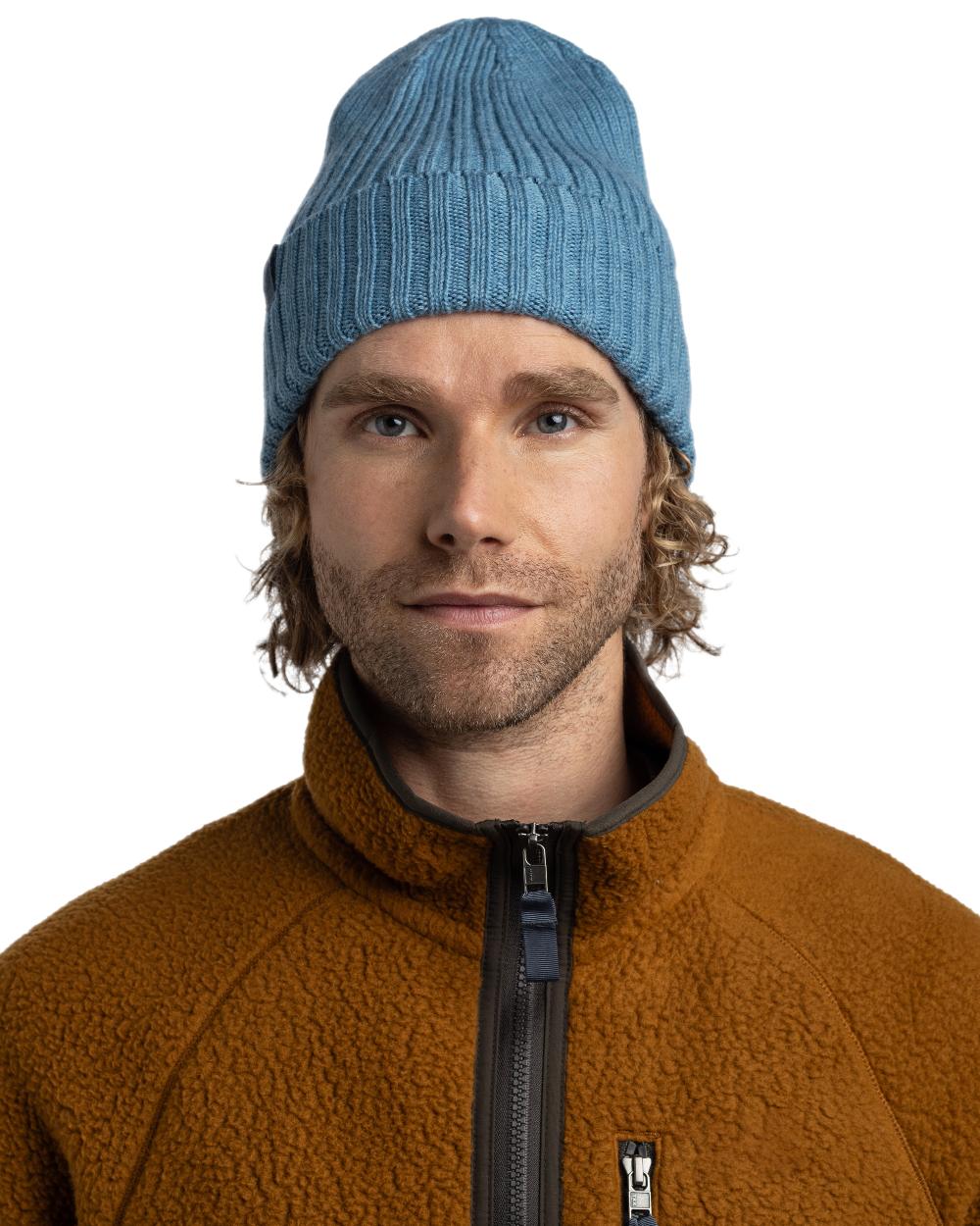 Water Coloured Buff Knitted Norval Beanie on white background #colour_water
