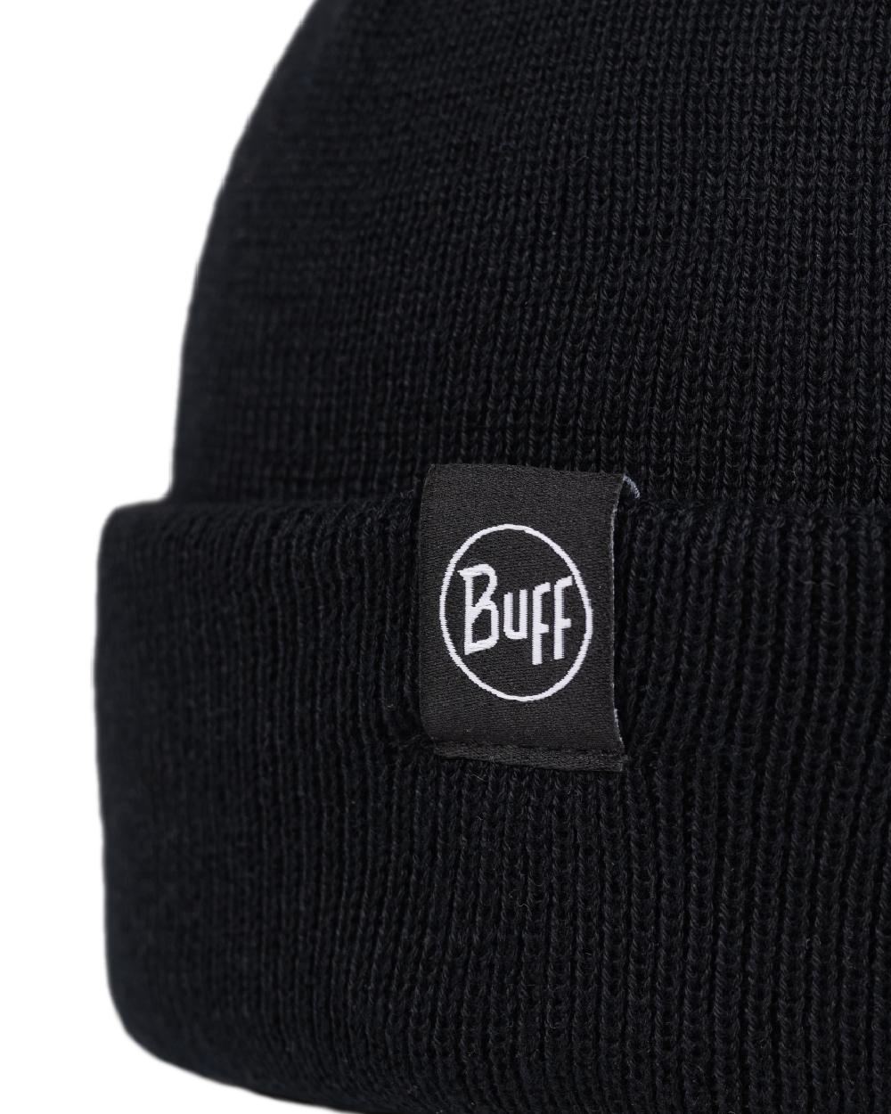 Black Coloured Buff Lilon Fisherman Knitted Beanie on white background #colour_black