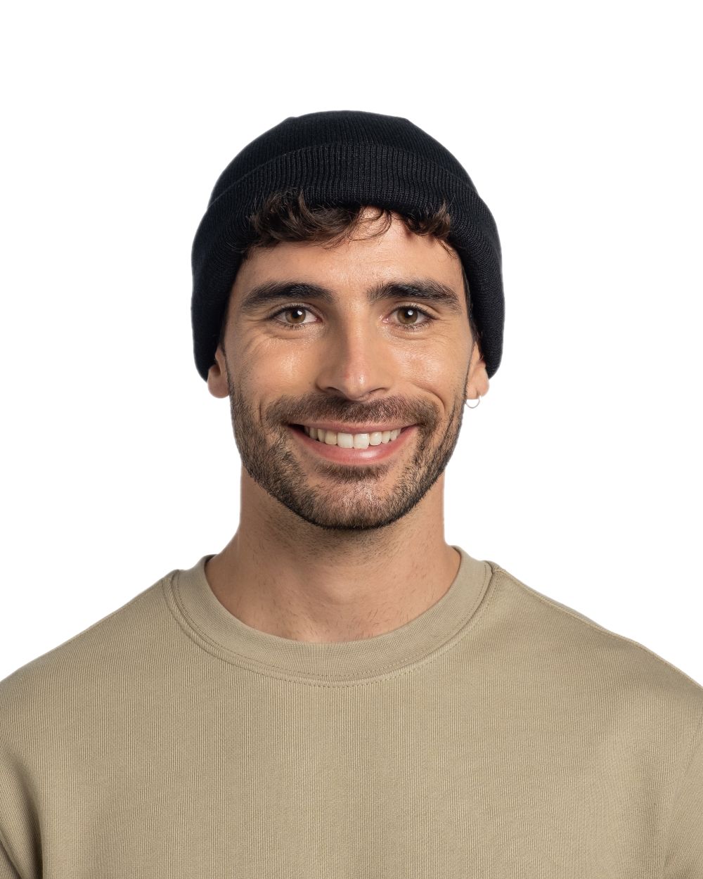 Black Coloured Buff Lilon Fisherman Knitted Beanie on white background #colour_black