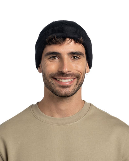Black Coloured Buff Lilon Fisherman Knitted Beanie on white background #colour_black