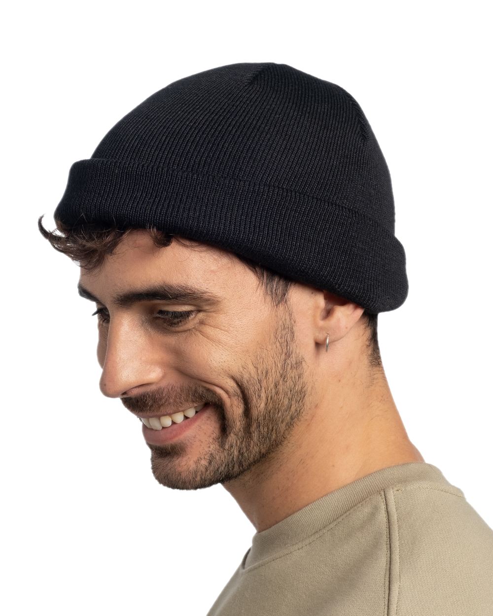 Black Coloured Buff Lilon Fisherman Knitted Beanie on white background #colour_black